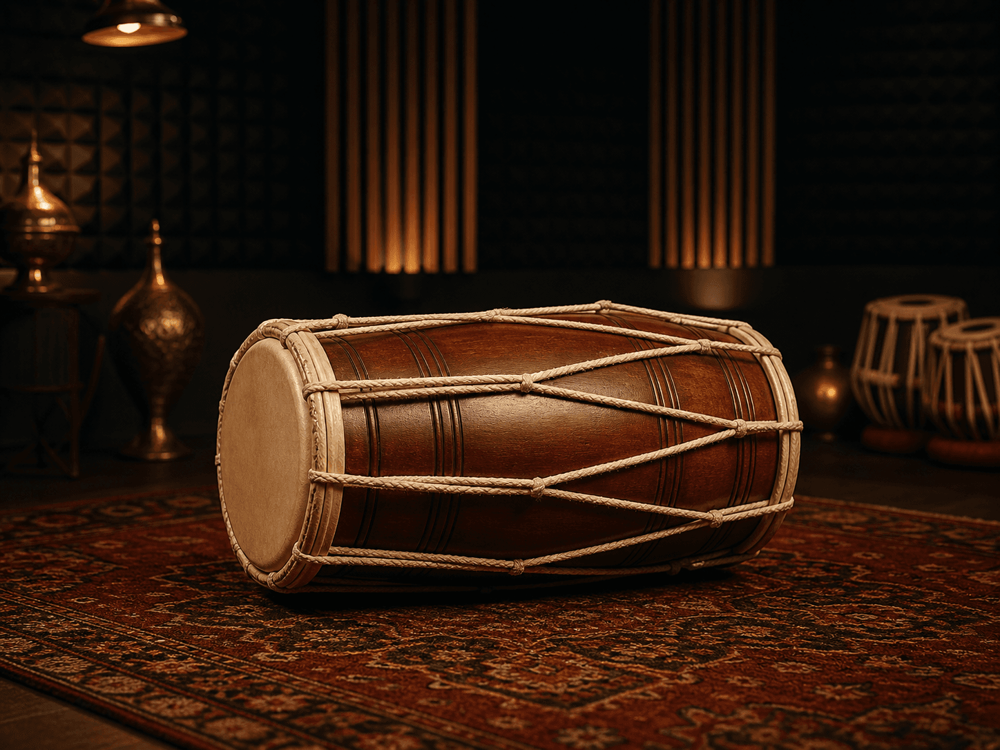 Dholak drum in a warm rhythm studio