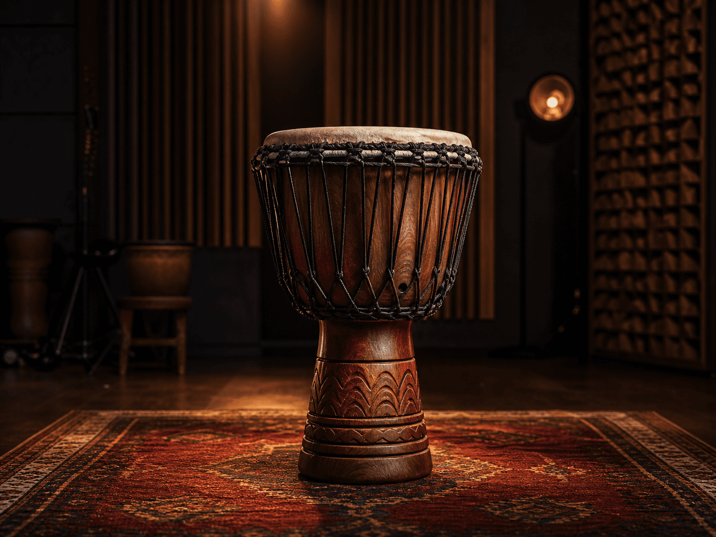 Djembe drum in a warm rhythm studio