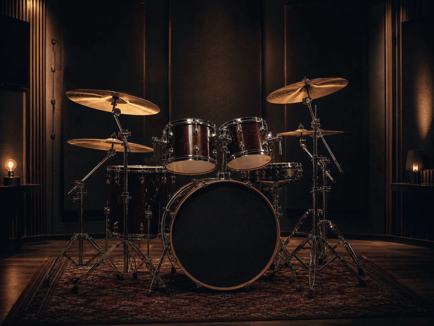 Drum kit in a warm rehearsal studio