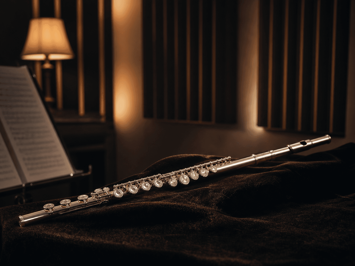 Concert flute resting on dark velvet
