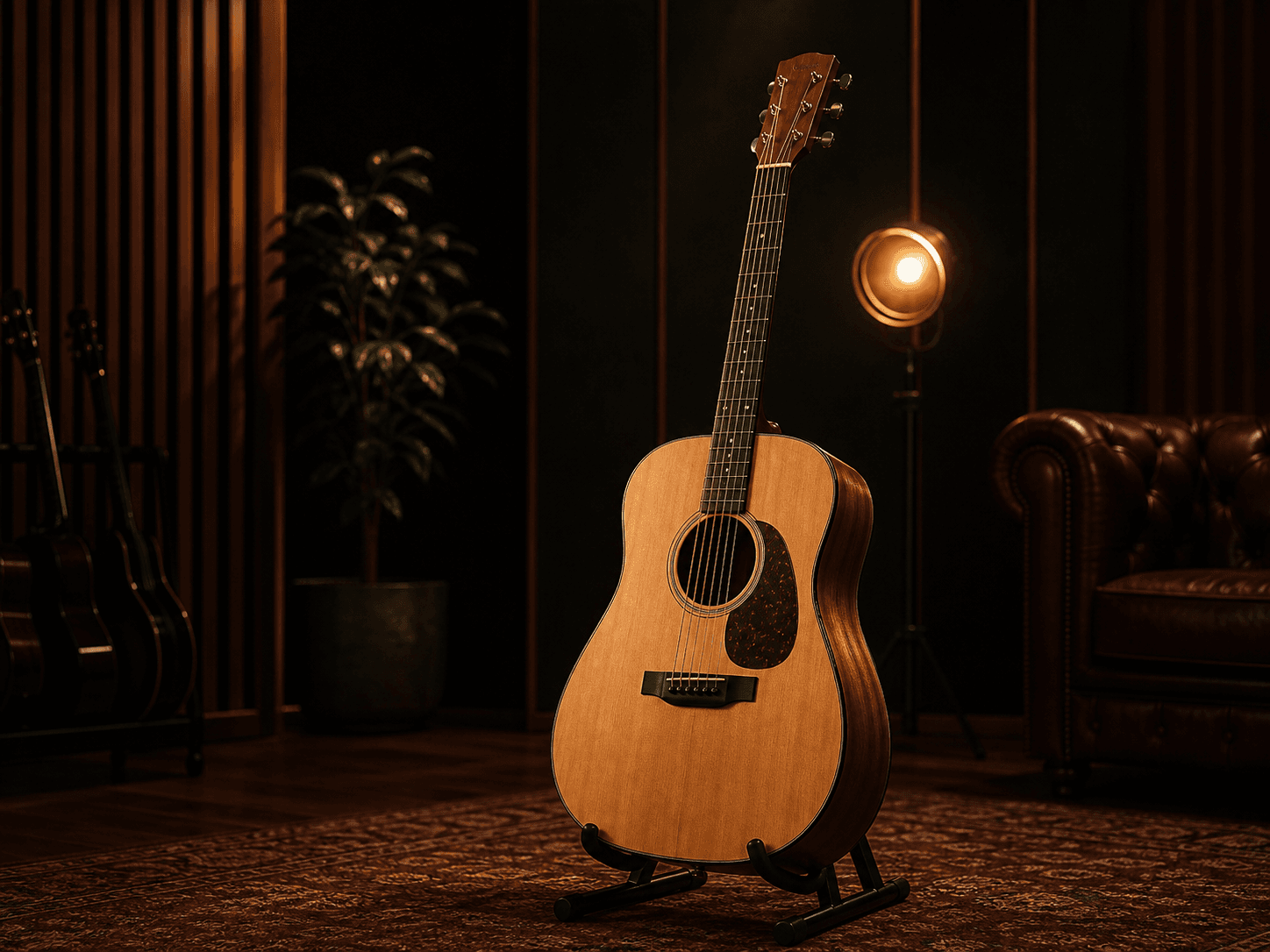 Acoustic guitar in a warm music studio