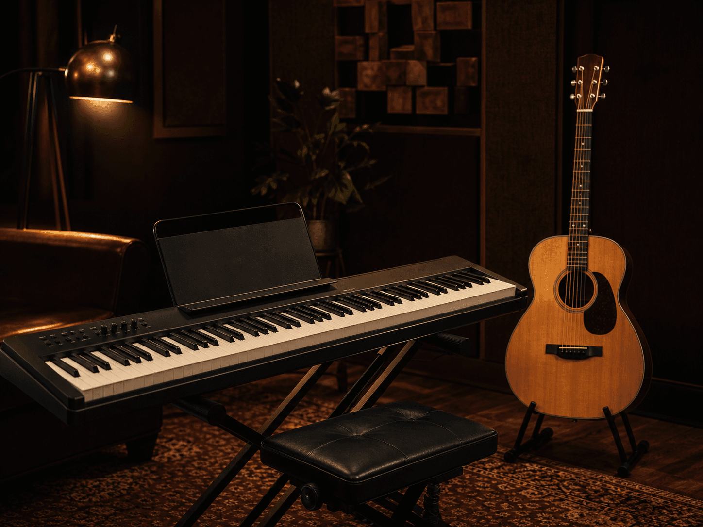 Keyboard and acoustic guitar arranged in a music studio