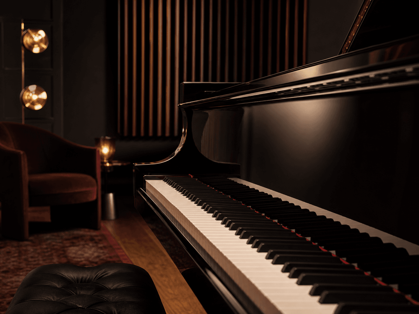 Piano keys in a dark recital room