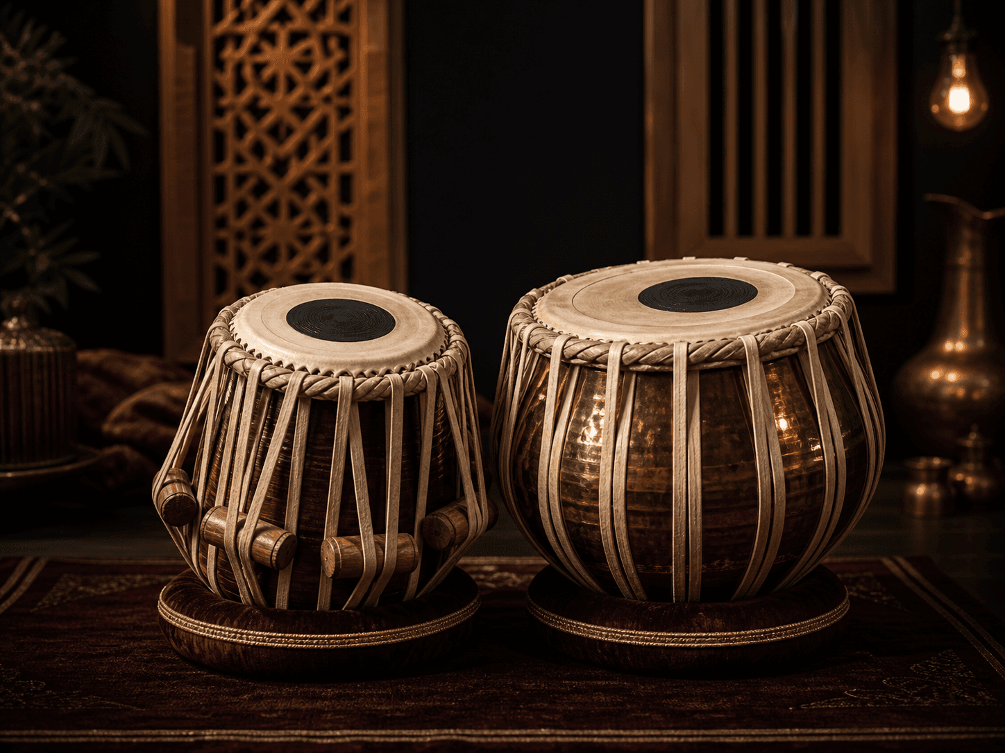 Tabla pair in warm Indian classical studio lighting