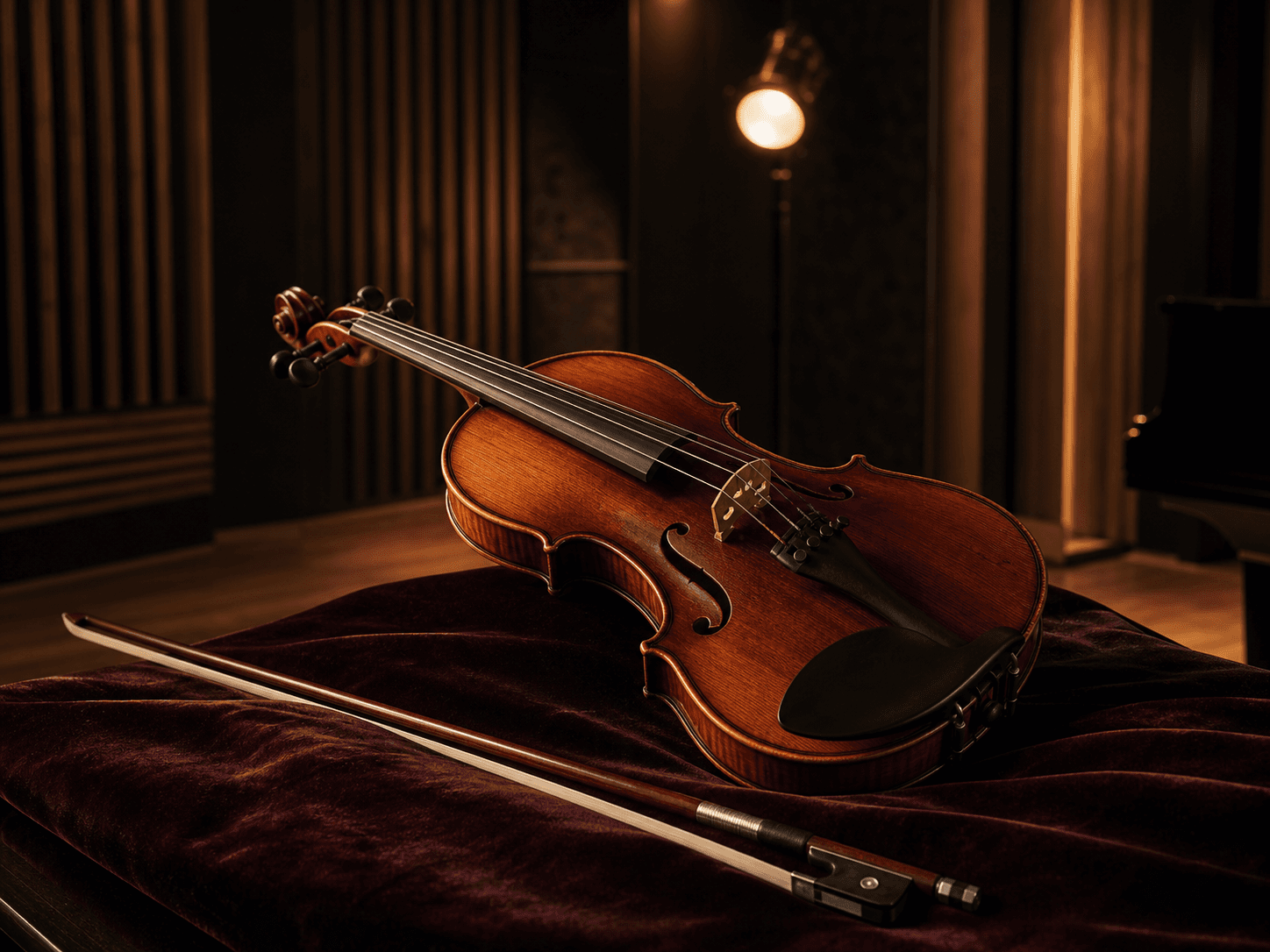 Violin and bow in a warm recital studio