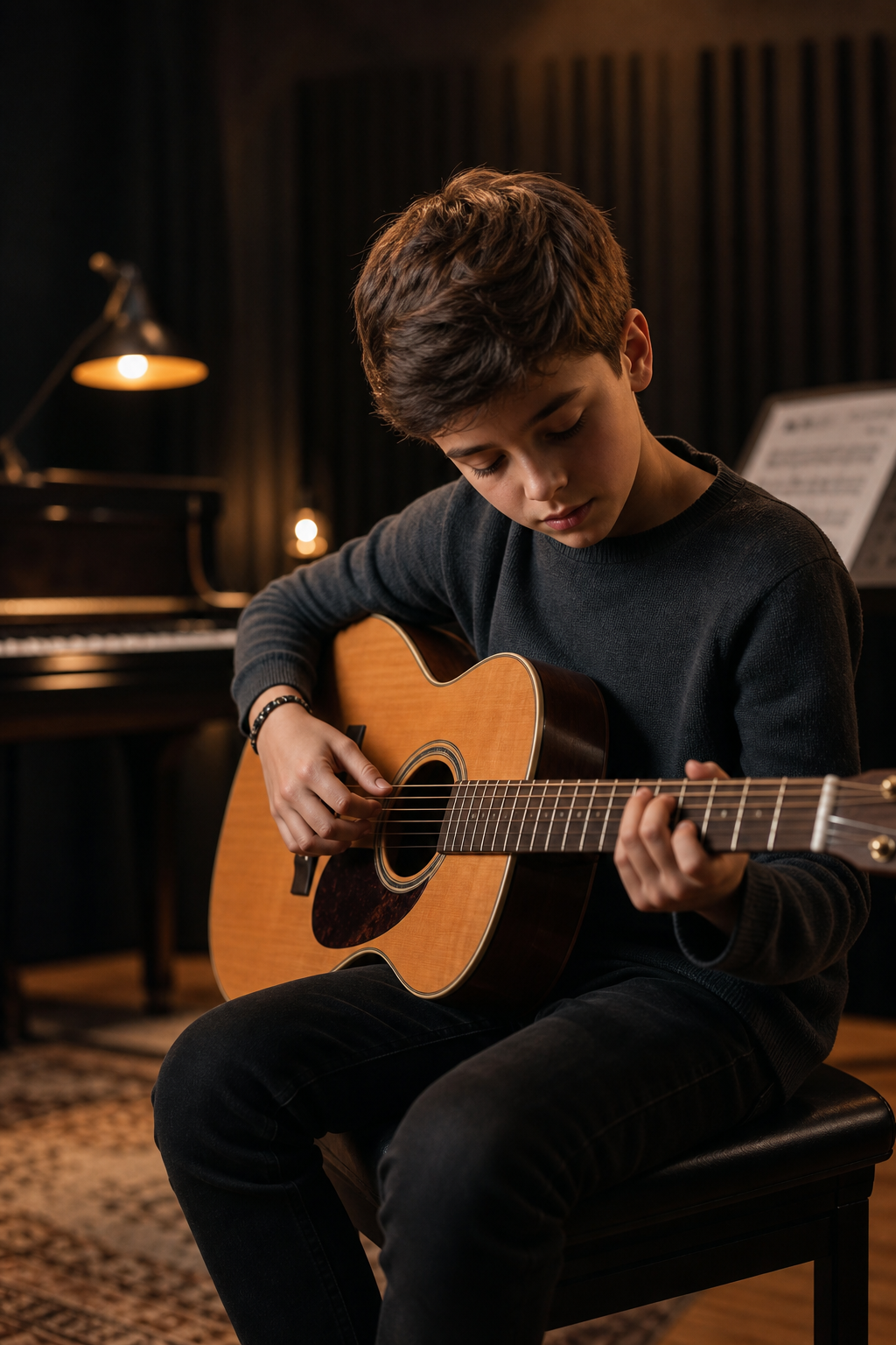 Boy learning acoustic guitar in a music studio
